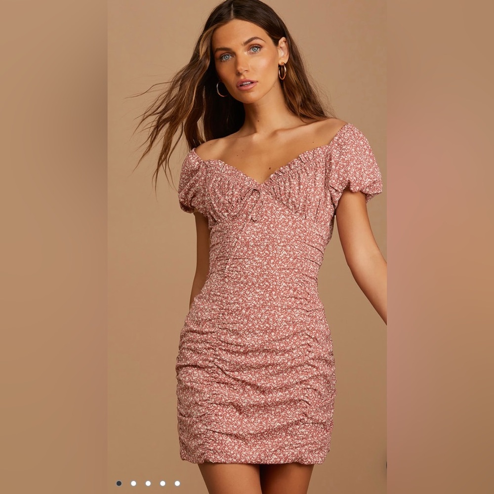 Lulu’s pink floral print off-the-shoulder mini dress